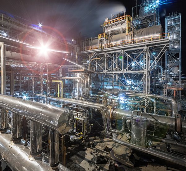 An industrial complex at night is brightly illuminated with a mix of white, yellow, and orange lights. The complex is a dense network of pipes, metal structures, and buildings, highlighting its large scale and intricate design.