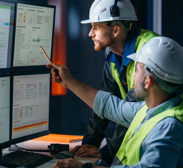 Group of operators control process on product line uses industry 4.0 and digital technology on modern factory. Two engineers follow assembly process uses SCADA system which AI technology and UI